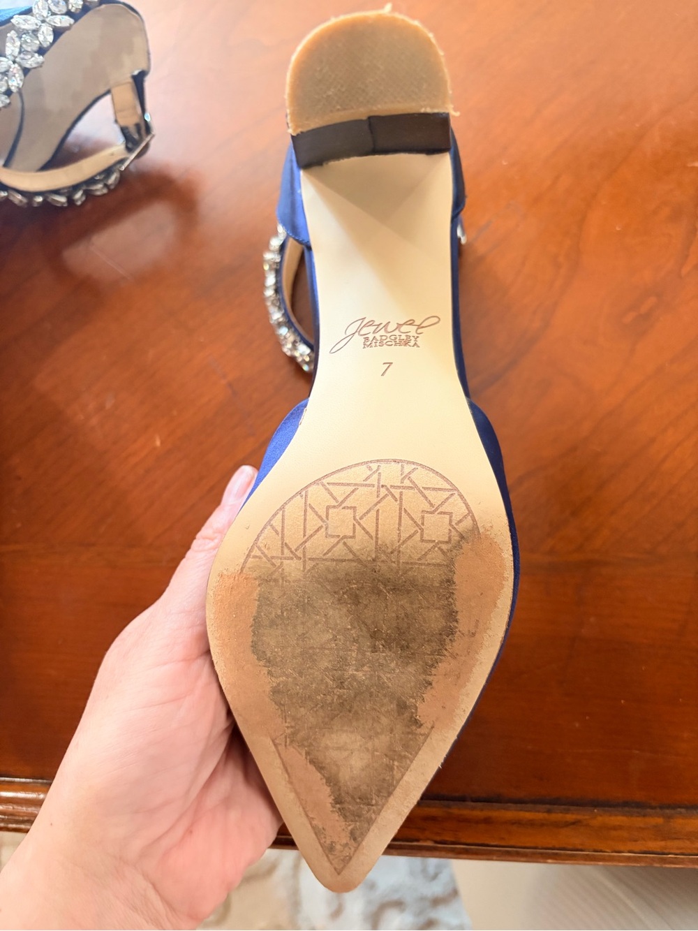 Jewel Badgley Mischka Blue Satin Pointed-Toe Heels with Crystal Ankle Straps - Picture 8 of 10